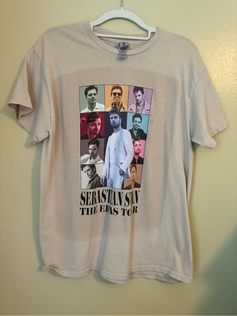 Gildan Beige Graphic Short Sleeve Tee with Multicolor Photo Grid